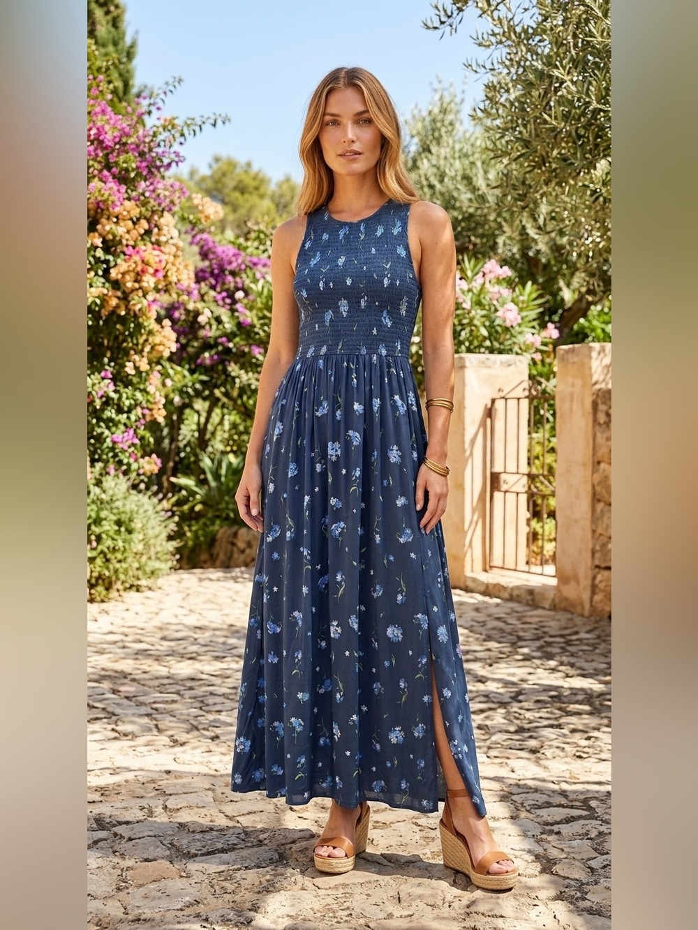 Nwt Market & Spruce Navy Blue Floral Flower Smocked Bodice Sleeveless Maxi Dress